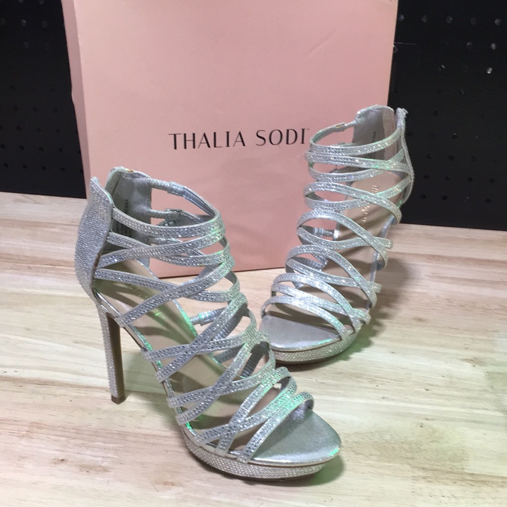 New WB Woman’s Thalia Sodi Silver Strappy High Heel Sandals